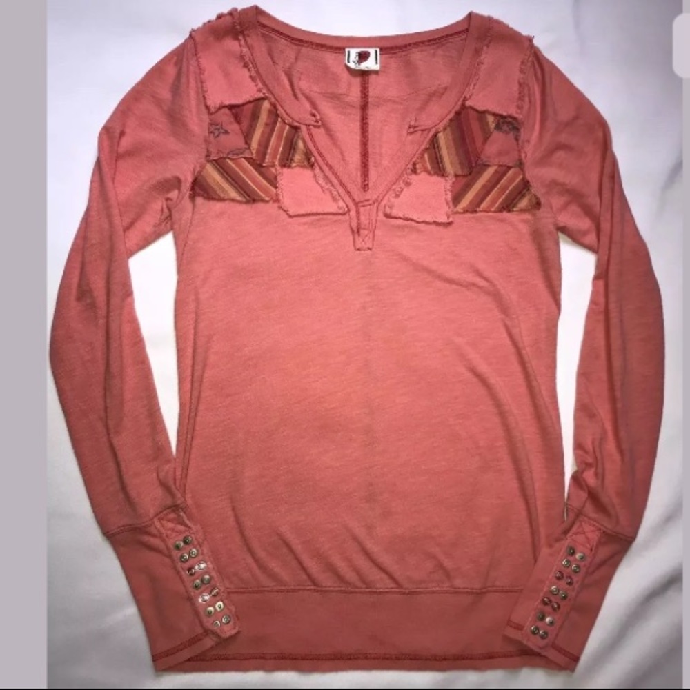 [Free People] Coral Patchwork Studded Cuff Henley